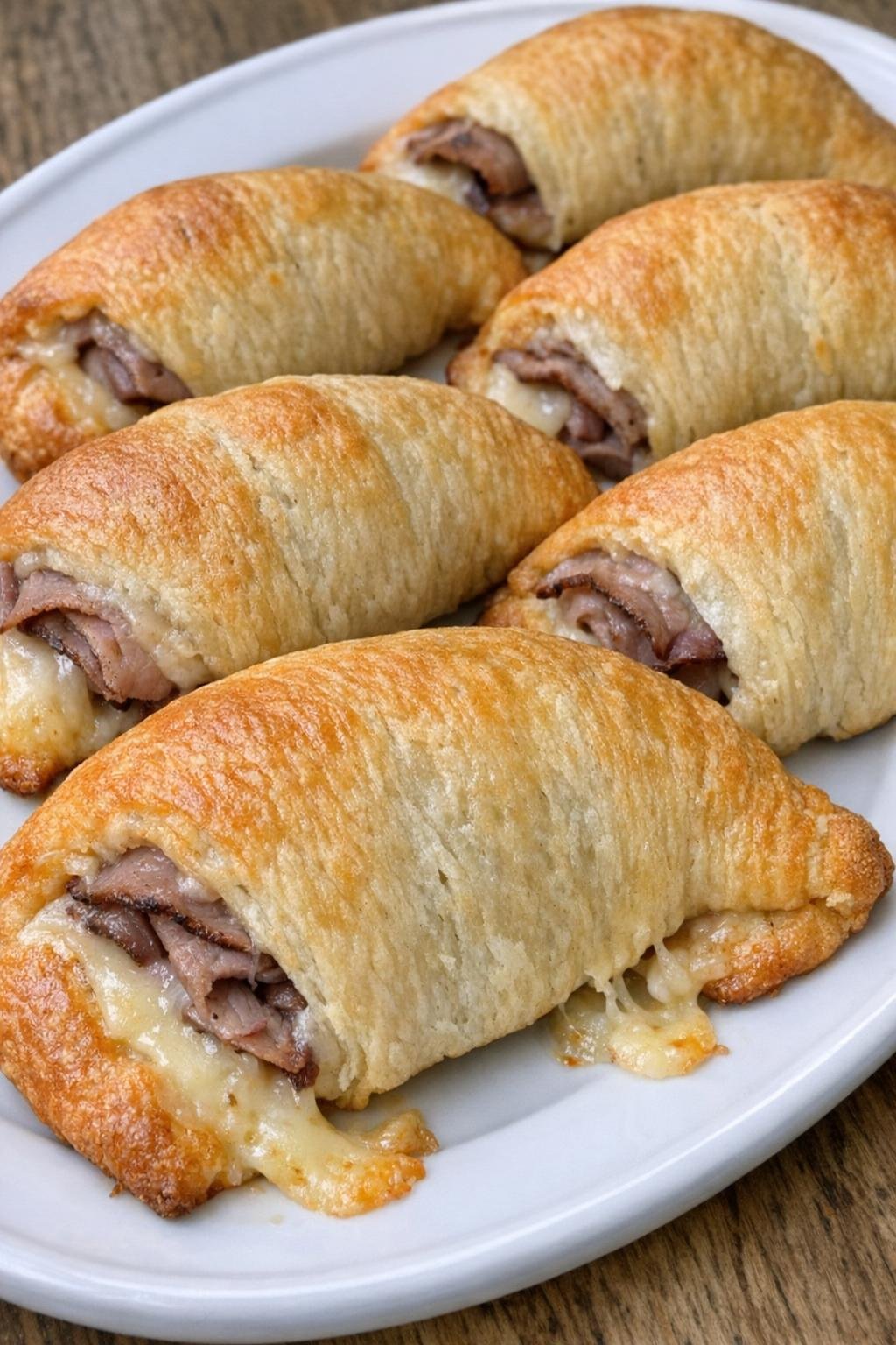 Golden brown crescent half moons with roast beef and Jarlsberg cheese on a white platter