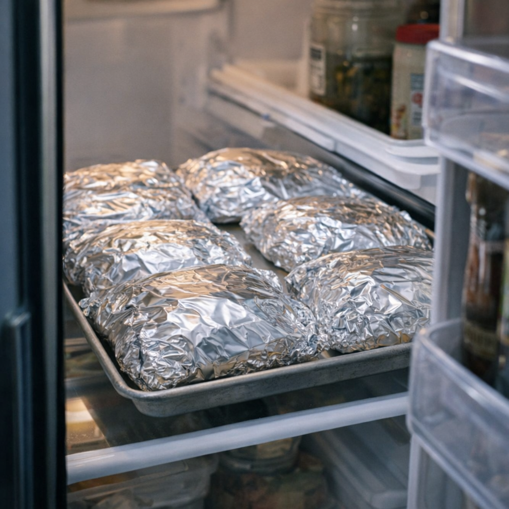 Meal-prepped foil packets on a tray in the refrigerator