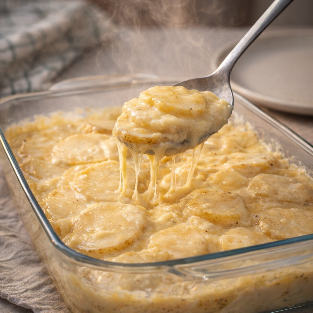 Serving spoon lifting a creamy portion of baked potatoes
