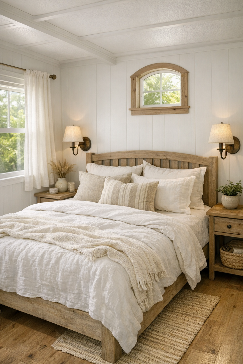 Cozy farmhouse bedroom with layered white bedding, a wood headboard, and soft wall sconces