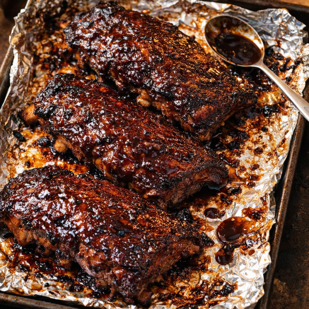 Tender glazed ribs on a baking sheet ready for broiling