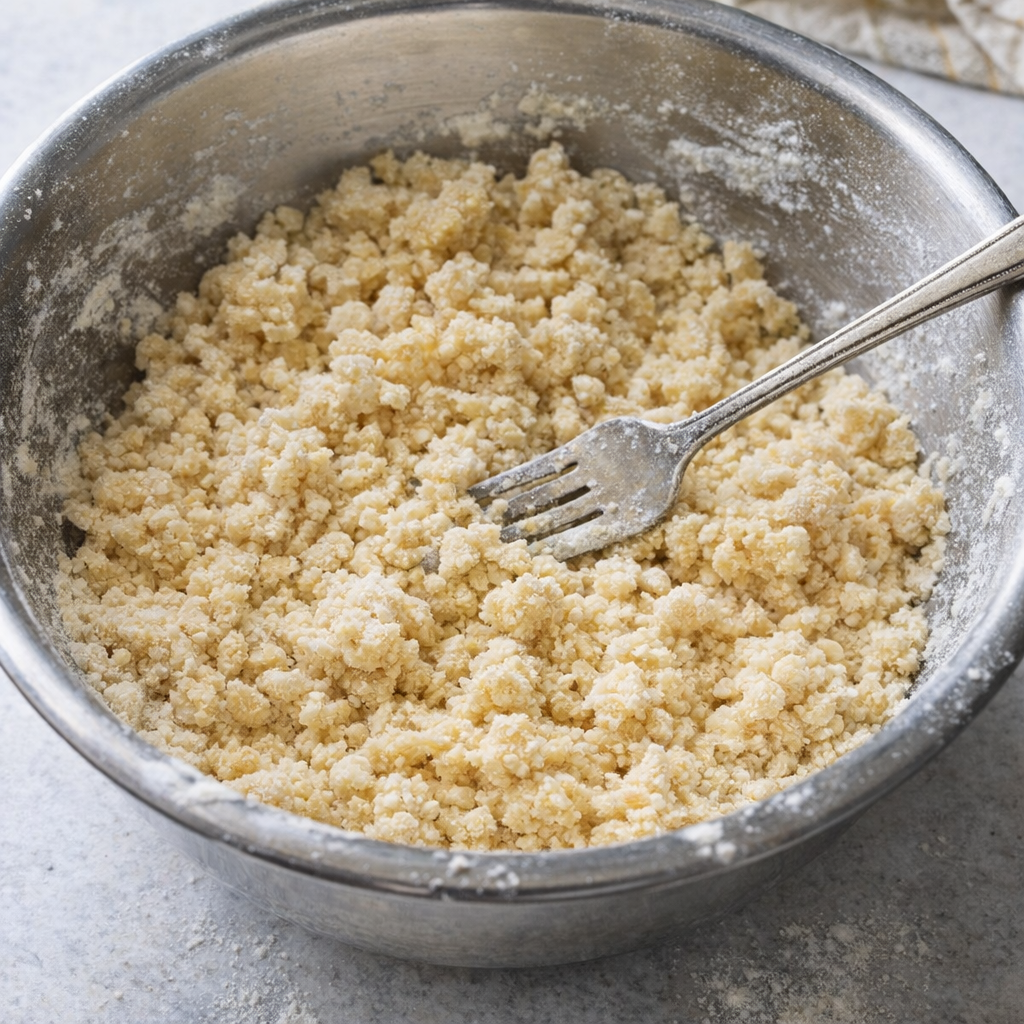 Crumbly butter and flour topping in a mixing bowl