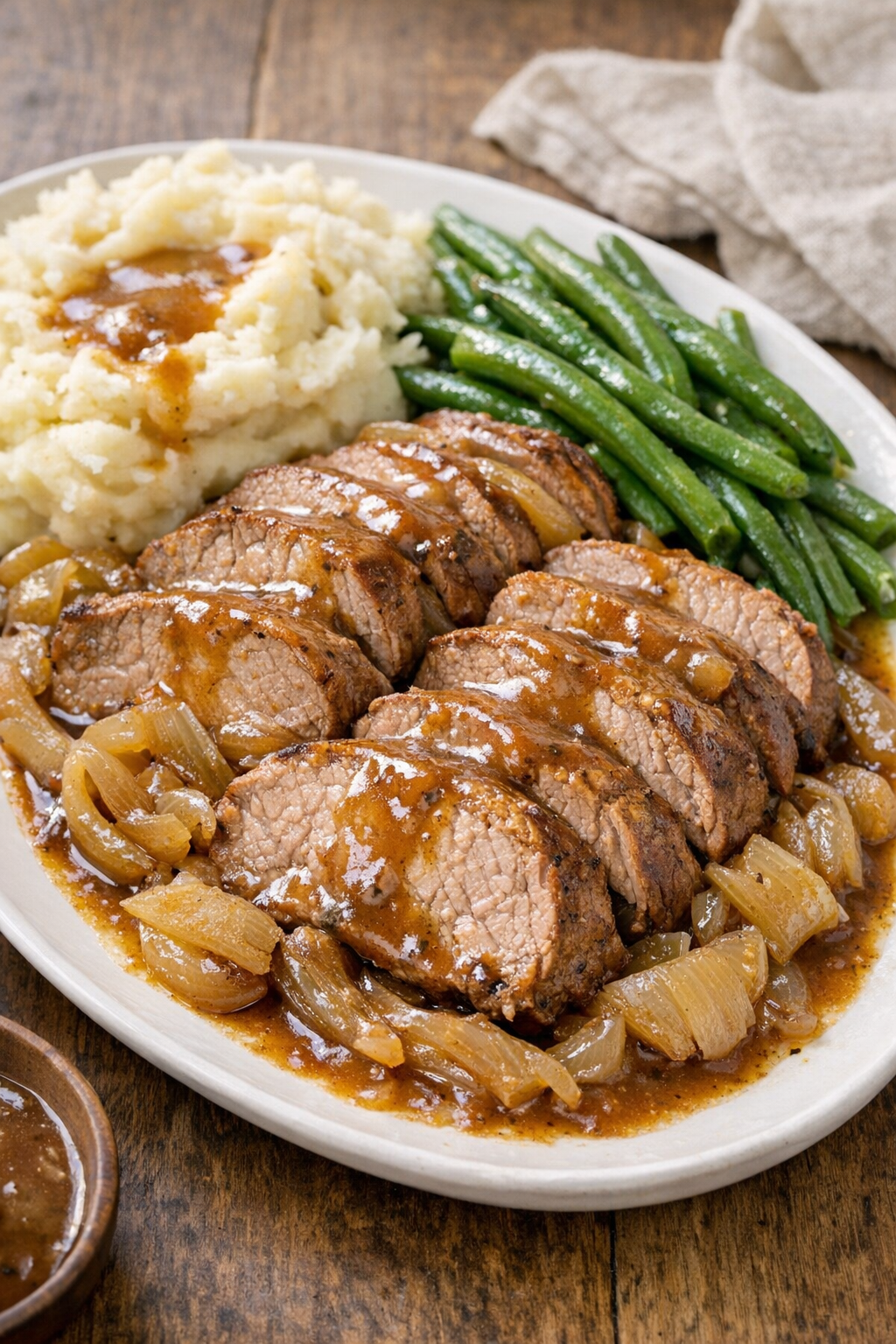 Finished slow cooker pork sirloin tip roast plated with gravy