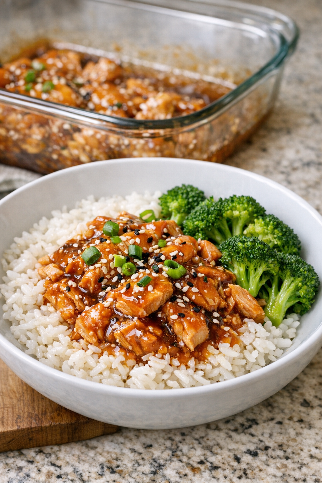 Finished baked teriyaki salmon plated for serving