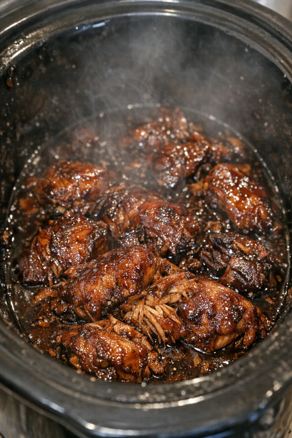 Slow cooker comfort bowl with dark amber glazed roasted protein
