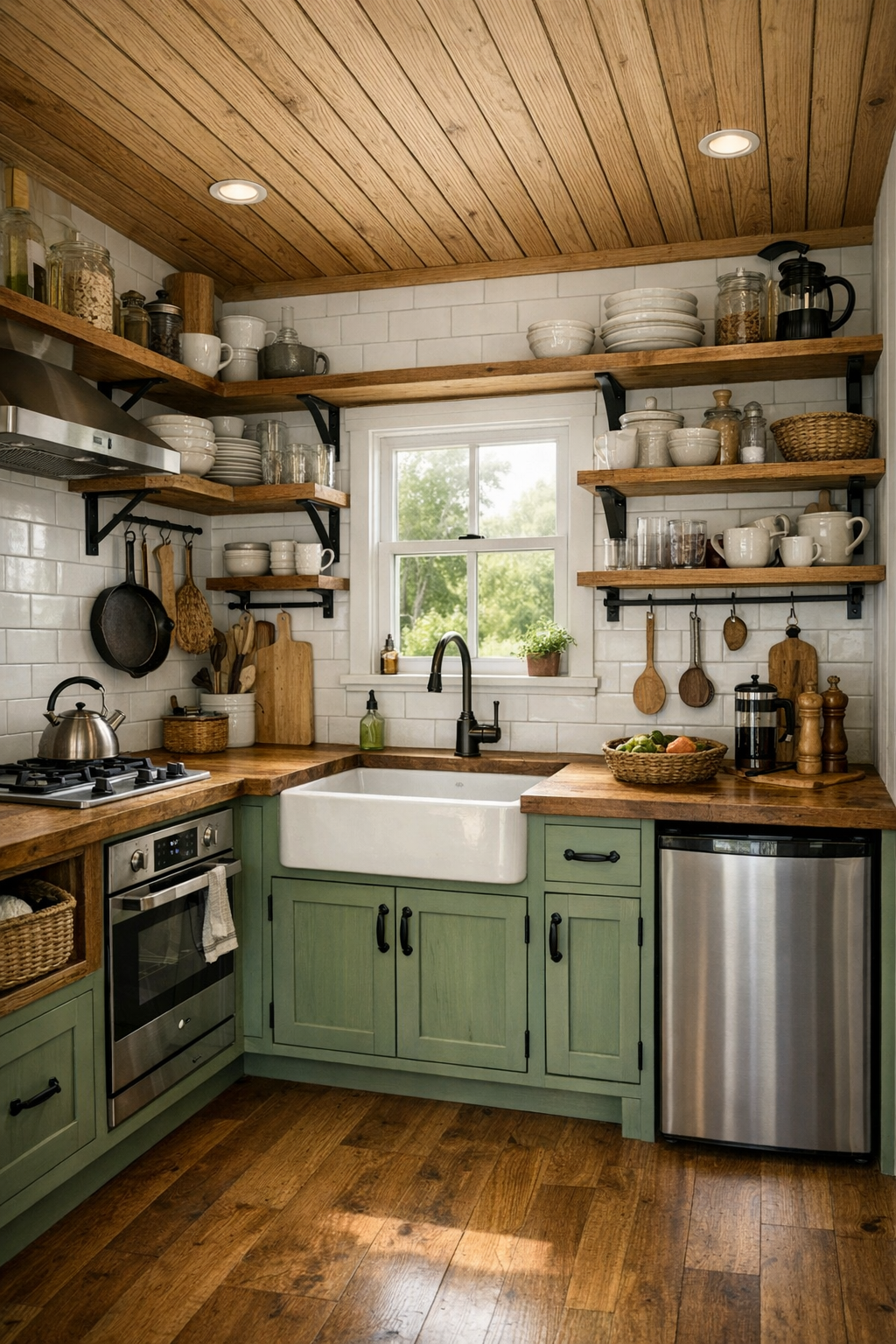 Handcrafted off grid tiny home kitchen with wood cabinetry, farmhouse sink, and open shelving