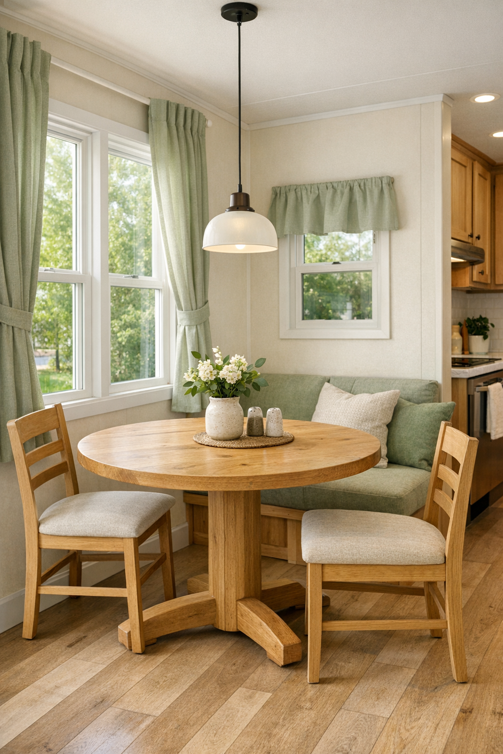 Warm small dining area with a round wood table and soft sage accents