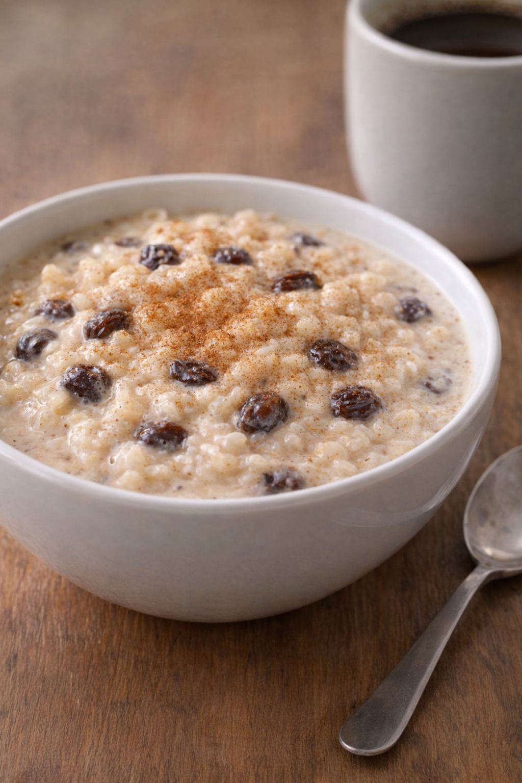 Bowl of rice pudding topped with cinnamon and raisins