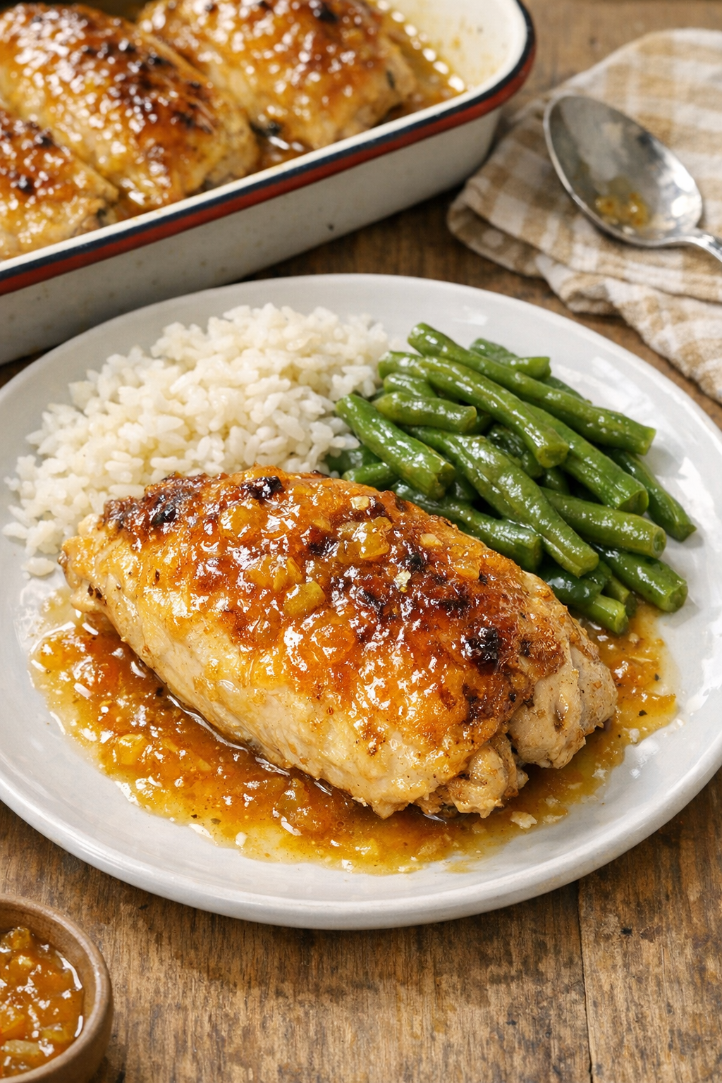 Finished baked split chicken breasts with golden glaze