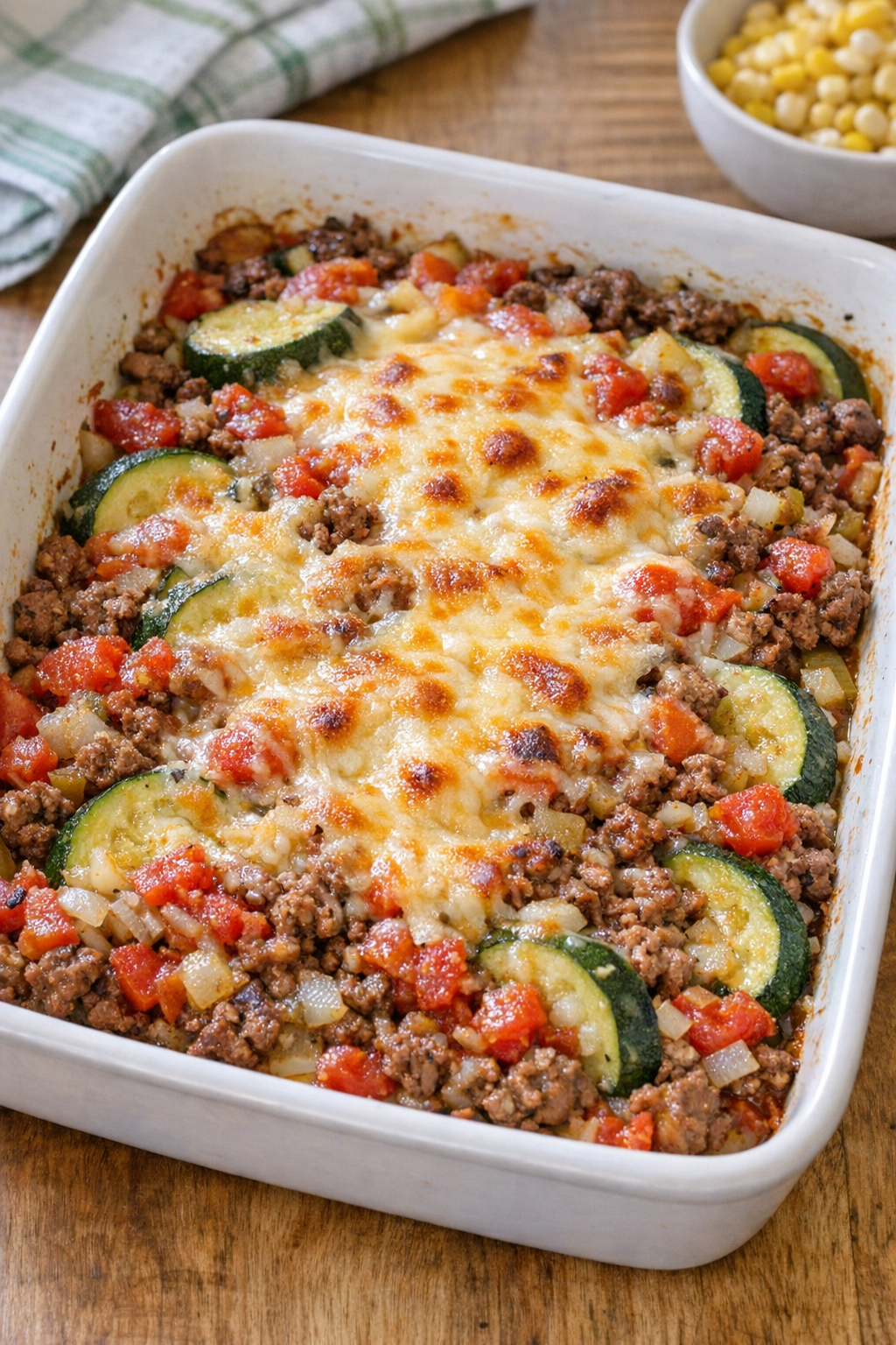 Finished beef and zucchini casserole in a baking dish