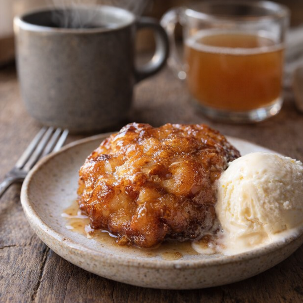 Warm apple fritter served with coffee and cider