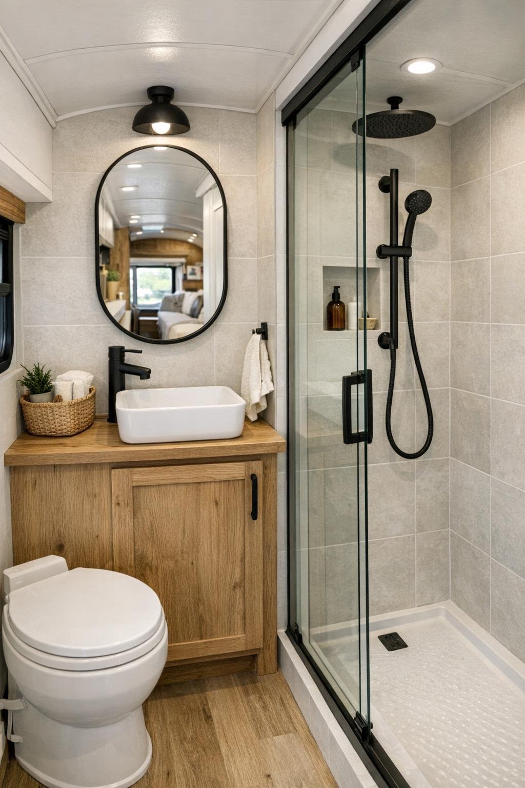 Compact modern bathroom in a converted bus with light tile and a wood vanity