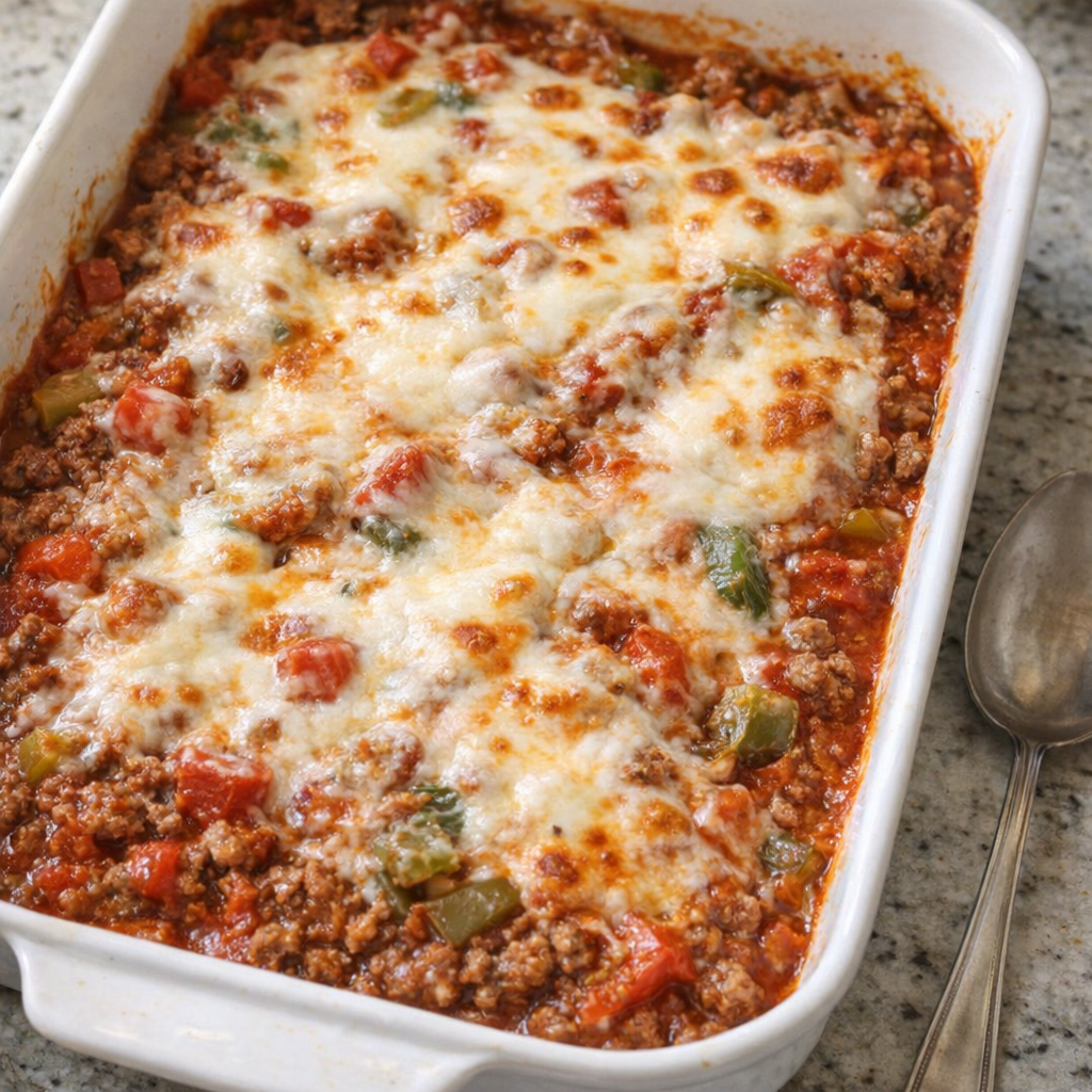 Stuffed pepper casserole fresh from the oven in a baking dish