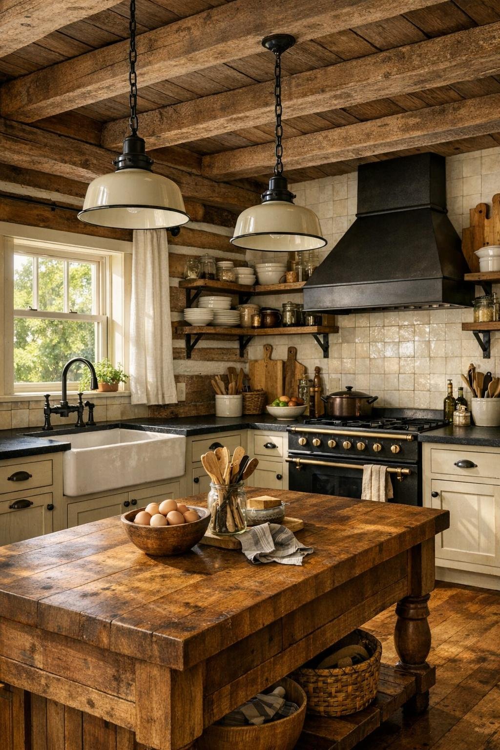 Warm farmhouse kitchen with cream cabinets, soapstone counters, and a butcher block island