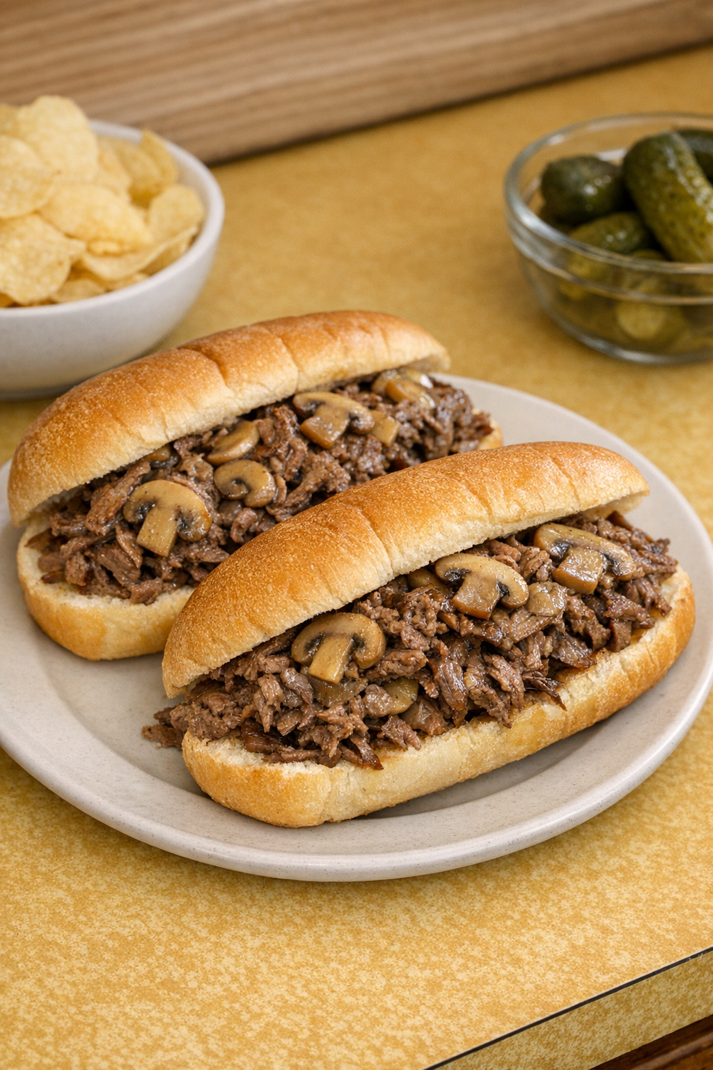 Finished poor man steak sandwiches on rolls with mushroom beef filling