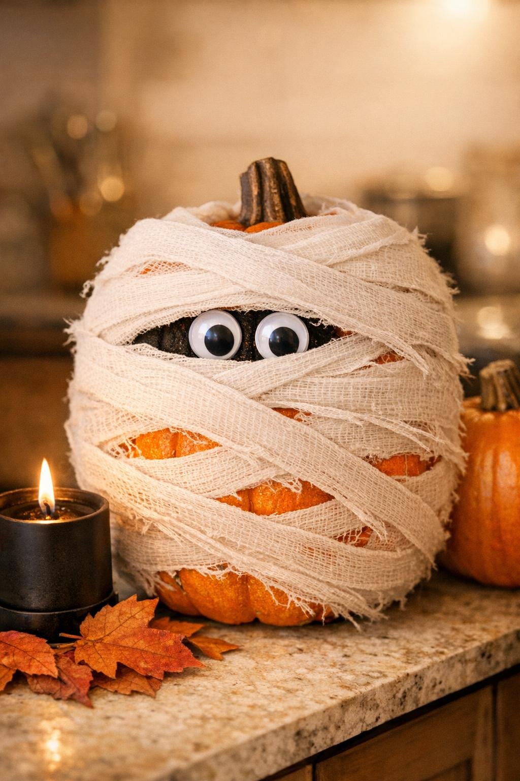 Finished mummy wrapped pumpkin displayed for Halloween