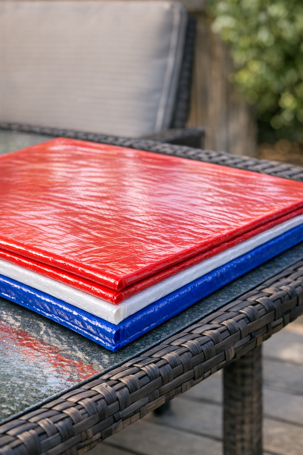 Finished heavy duty red, white, and blue fused plastic patio material