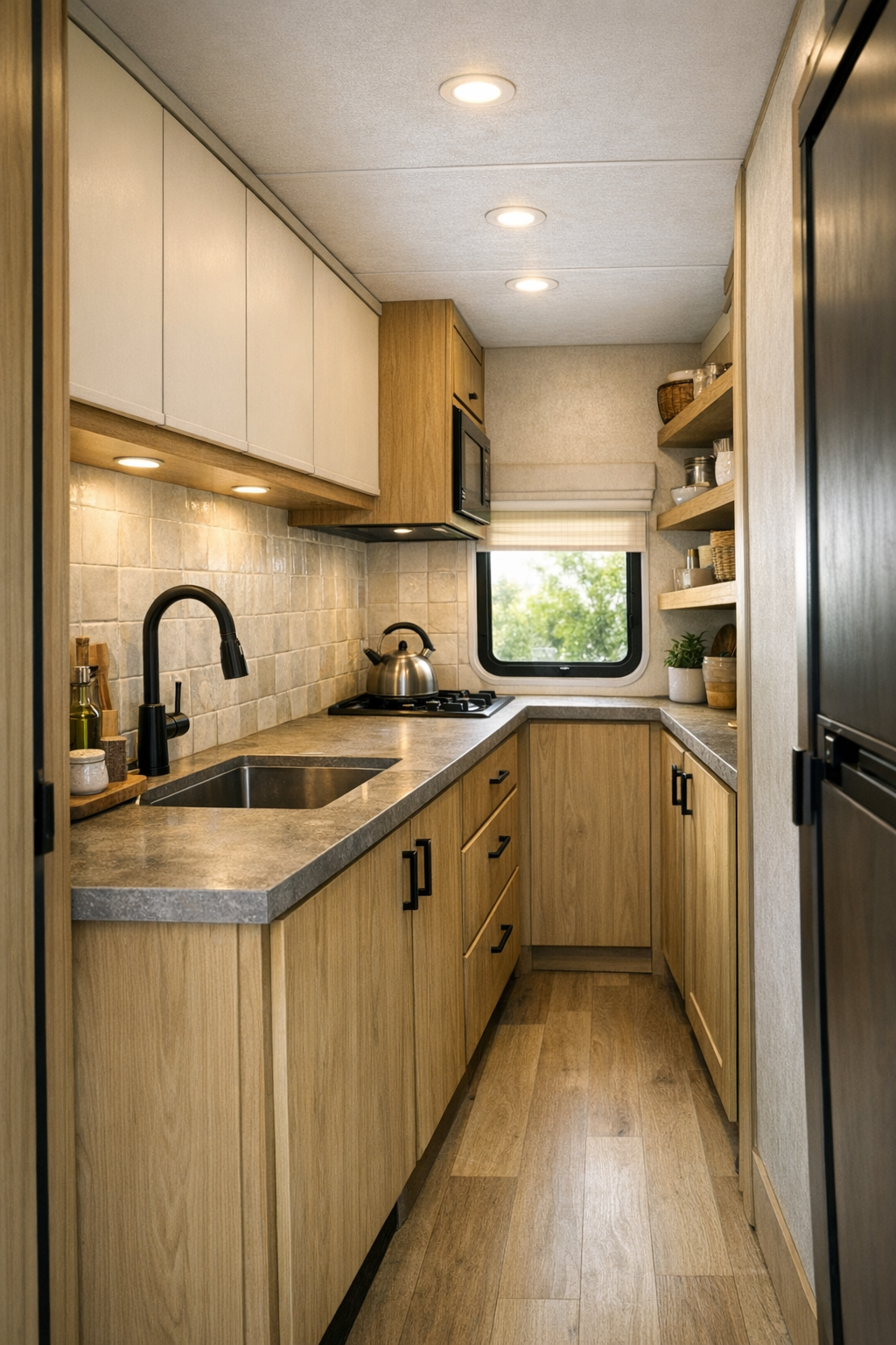 Compact RV kitchen with pale oak cabinets, stone-look counters, and soft tile backsplash