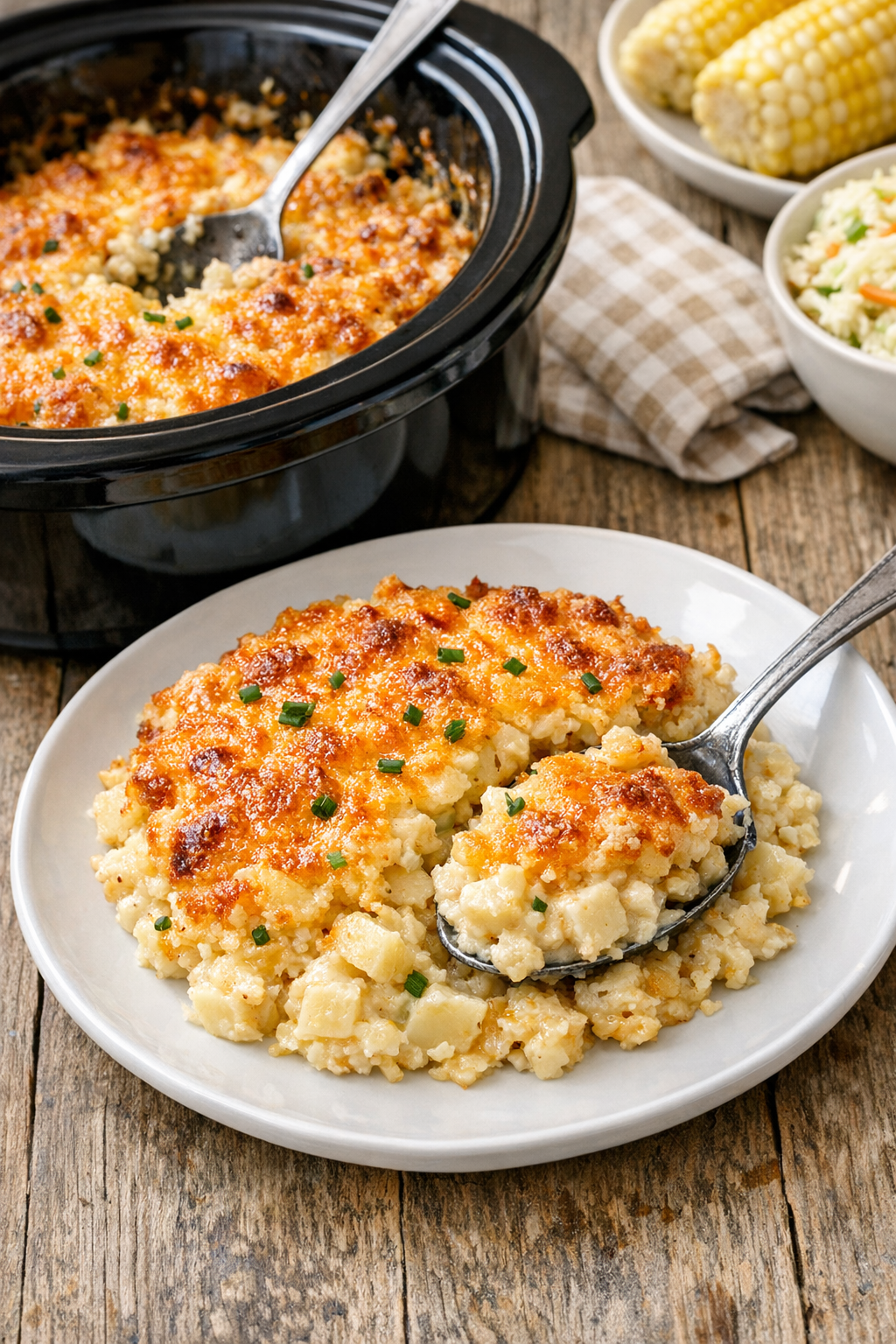 Finished cheesy hash brown casserole plated from the slow cooker