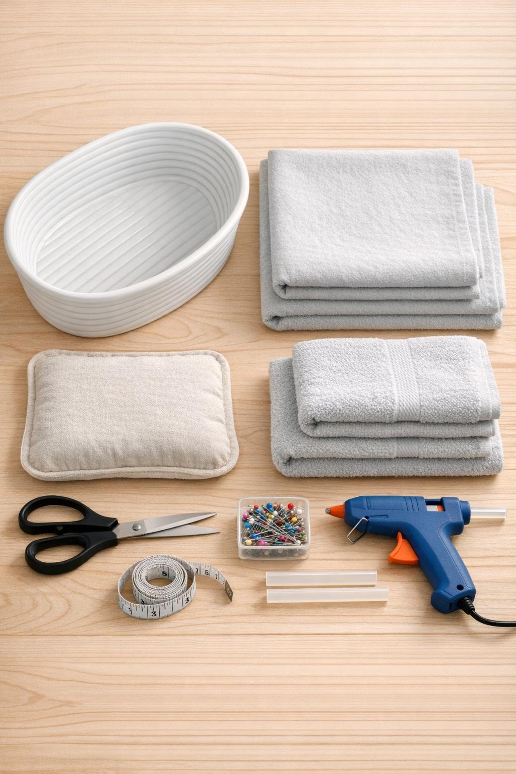 Materials for a ceramic bread basket towel warmer laid out together