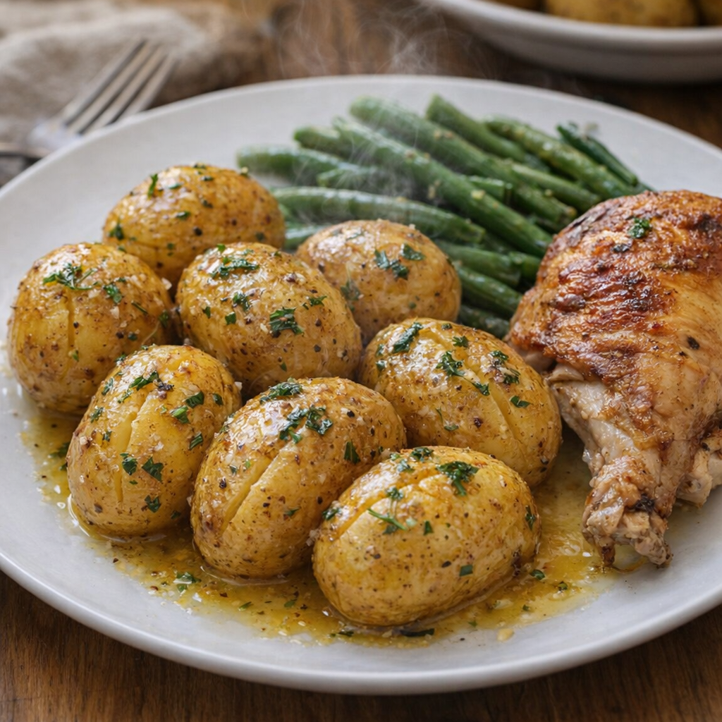 Buttery potatoes served beside a simple homestyle dinner