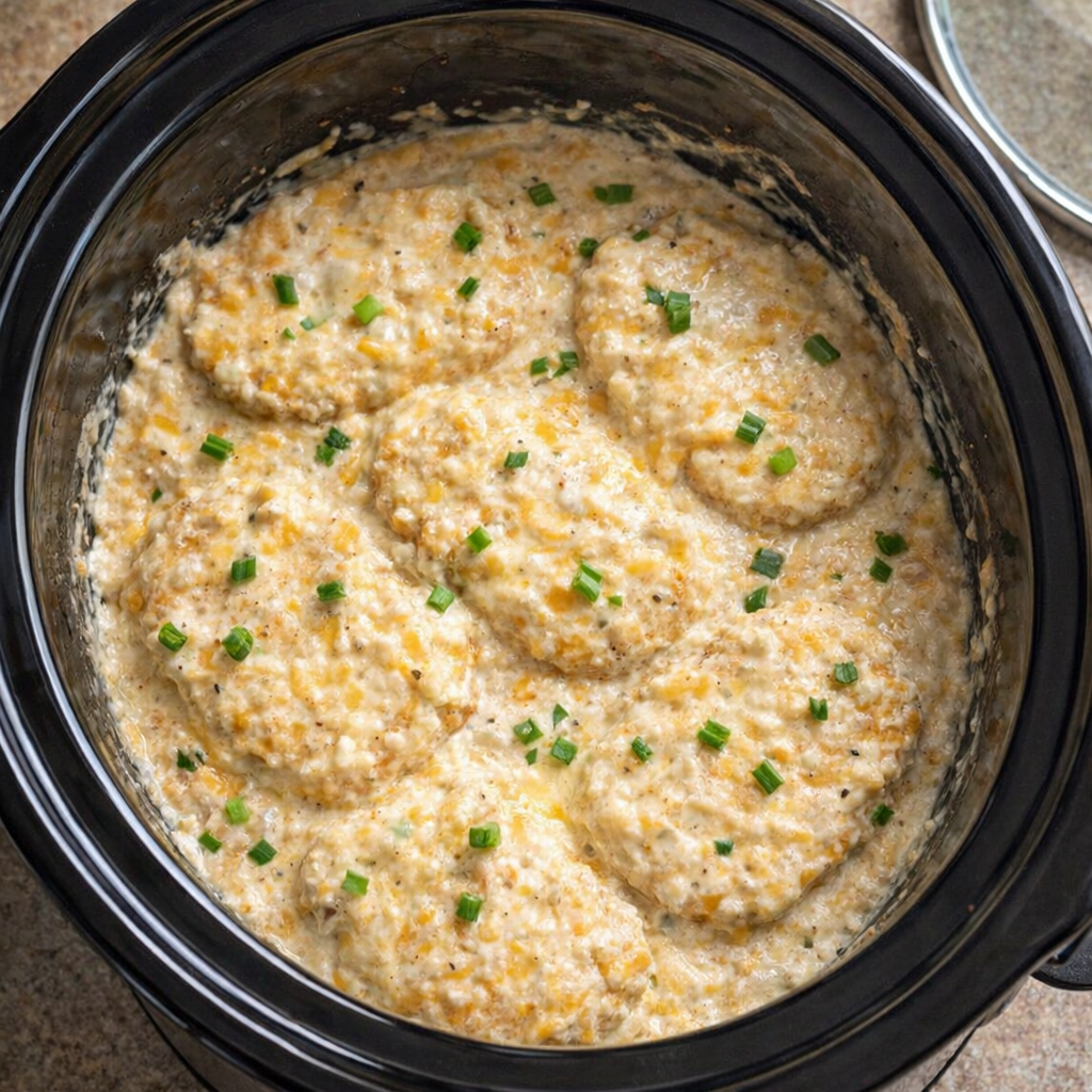 Slow cooker filled with layered hash browns and cheesy mixture before cooking