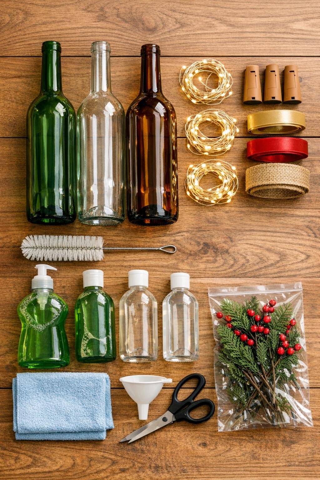 Materials for making glowing wine bottle decor laid out on a table