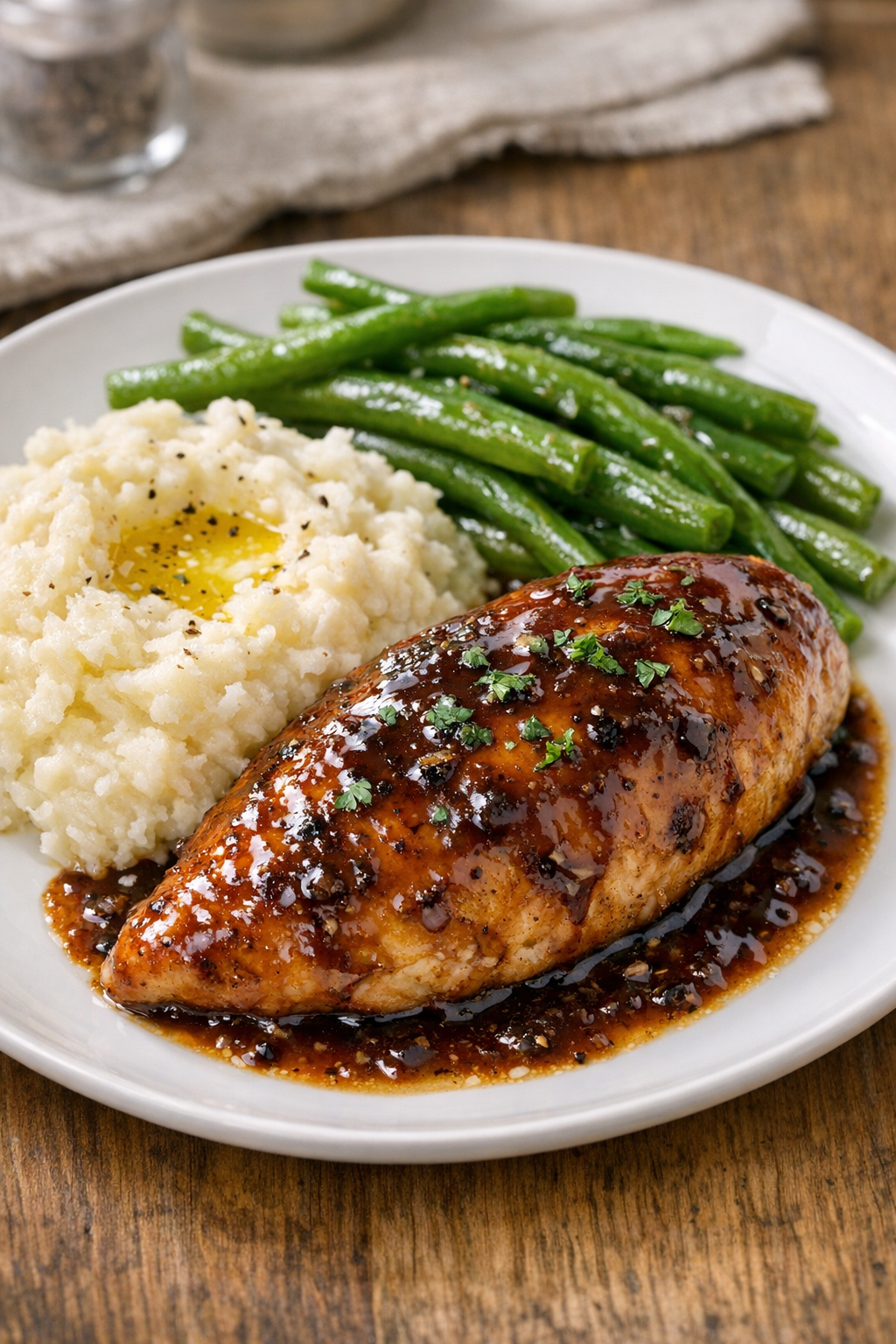 Plated baked chicken with mashed potatoes and green beans
