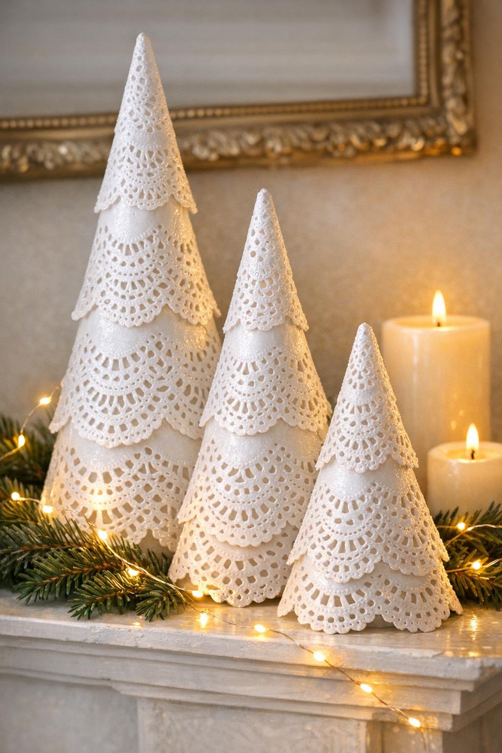 Finished porcelain-style lace cone trees displayed together on a mantel