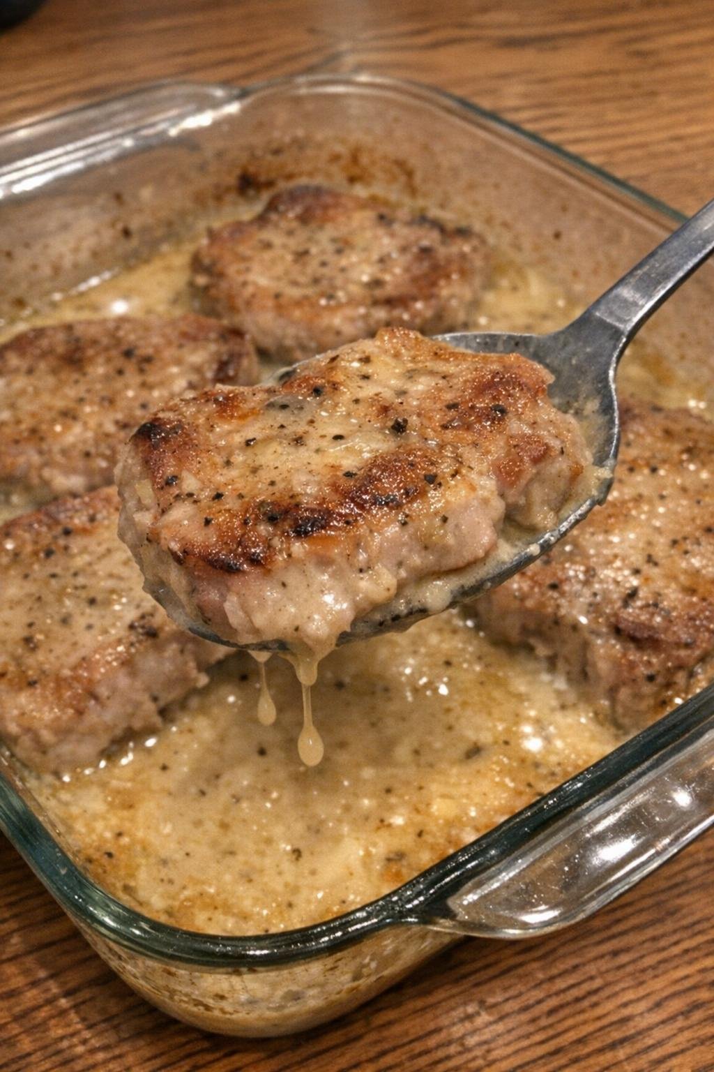 Tender browned pork chops in a glass baking dish