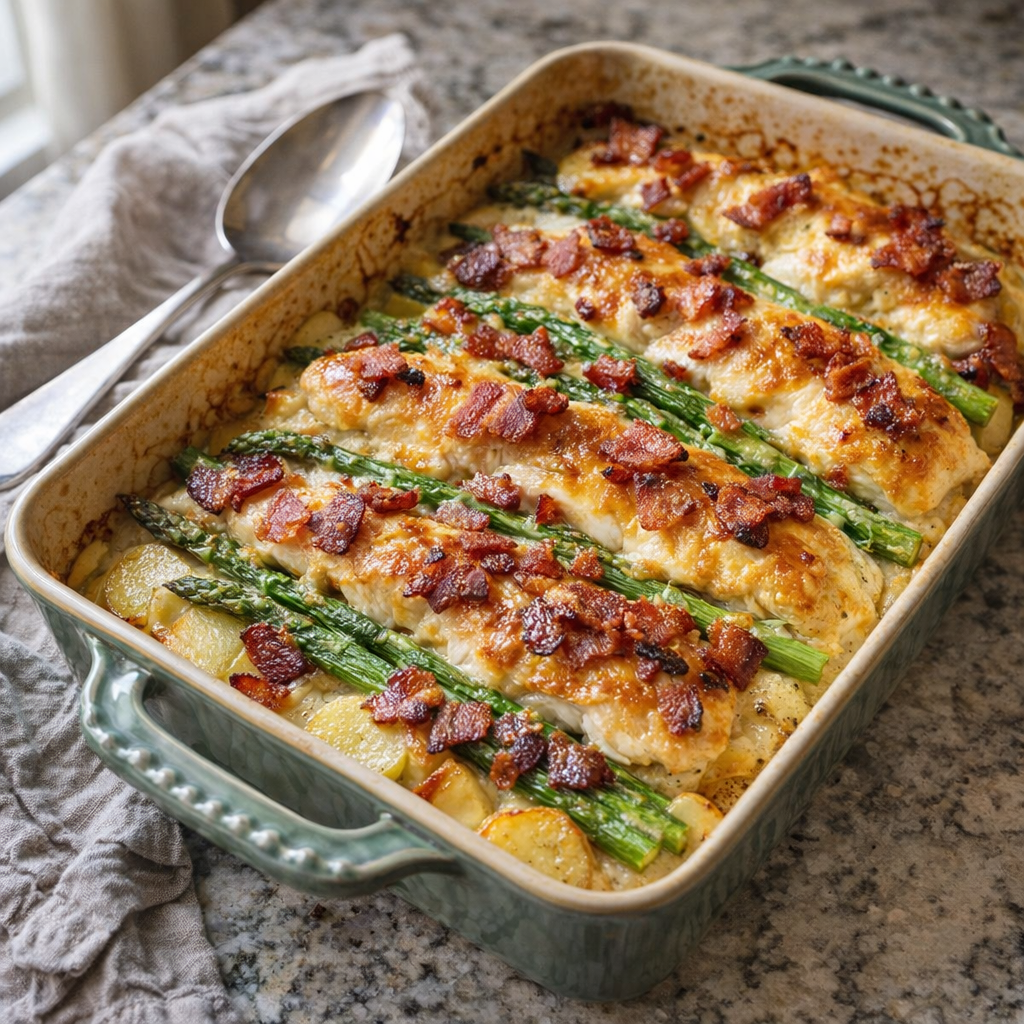 Rustic chicken potato casserole in a baking dish