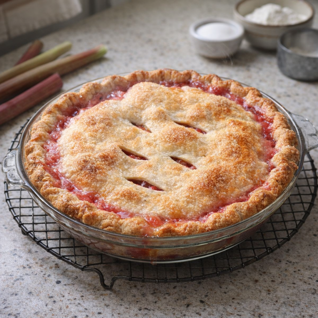 Freshly baked rhubarb pie cooling on the counter