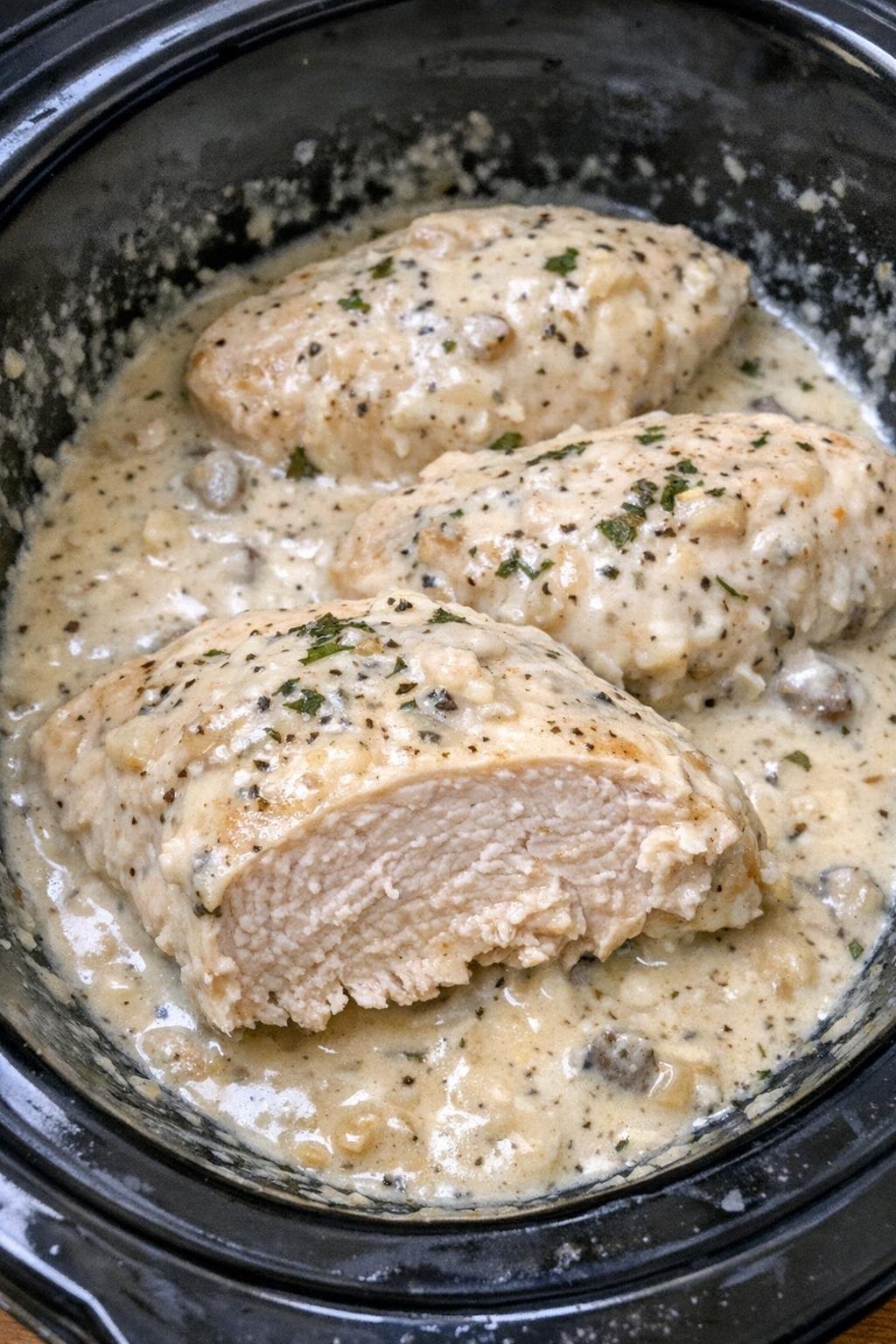 Chicken breasts in creamy sauce in a slow cooker insert