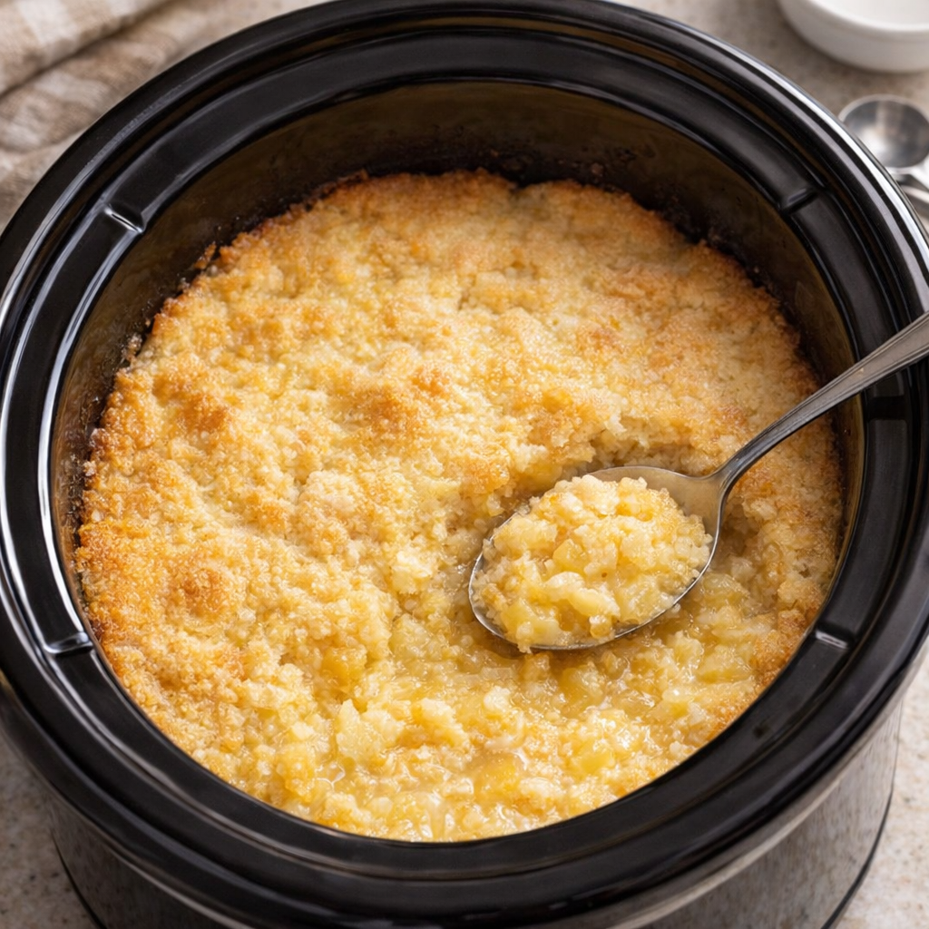 Finished pineapple cream cake inside the slow cooker