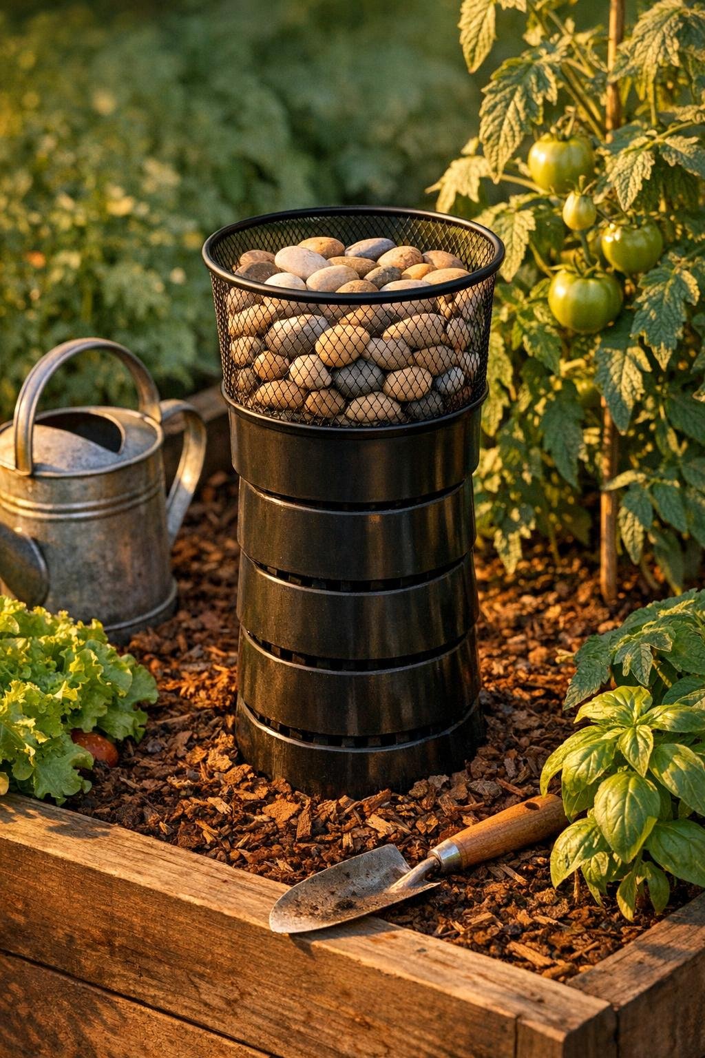 Finished raised bed drainage tower made from nursery pots styled in a garden bed