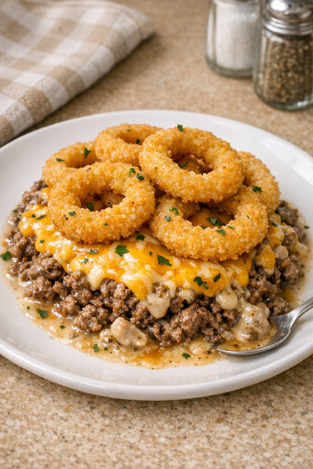 Finished onion ring beef bake plated on a dinner plate