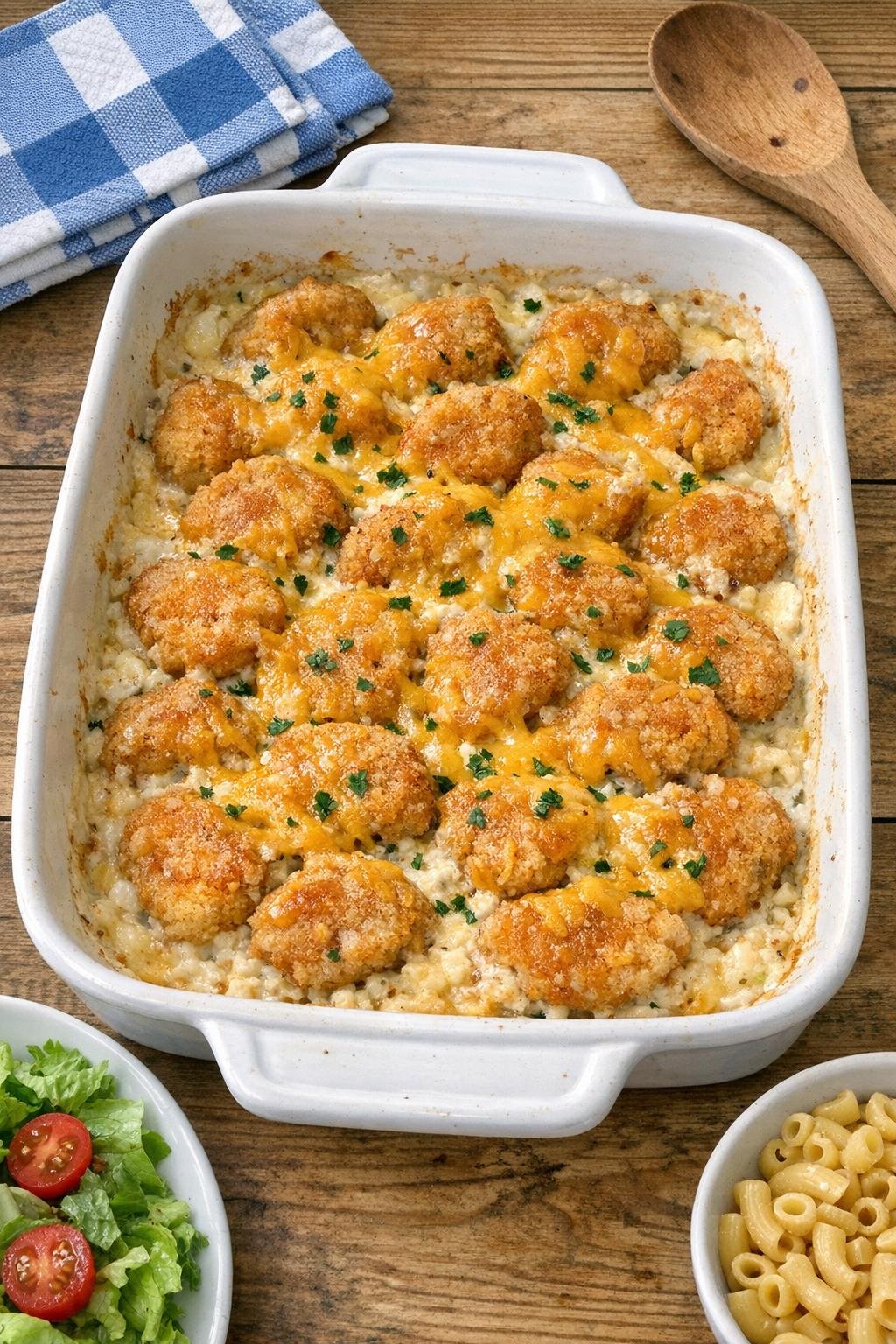 Finished creamy chicken nugget bake in a ceramic dish