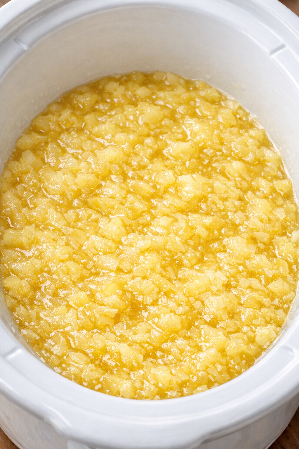 Crushed pineapple spread in the bottom of a white slow cooker