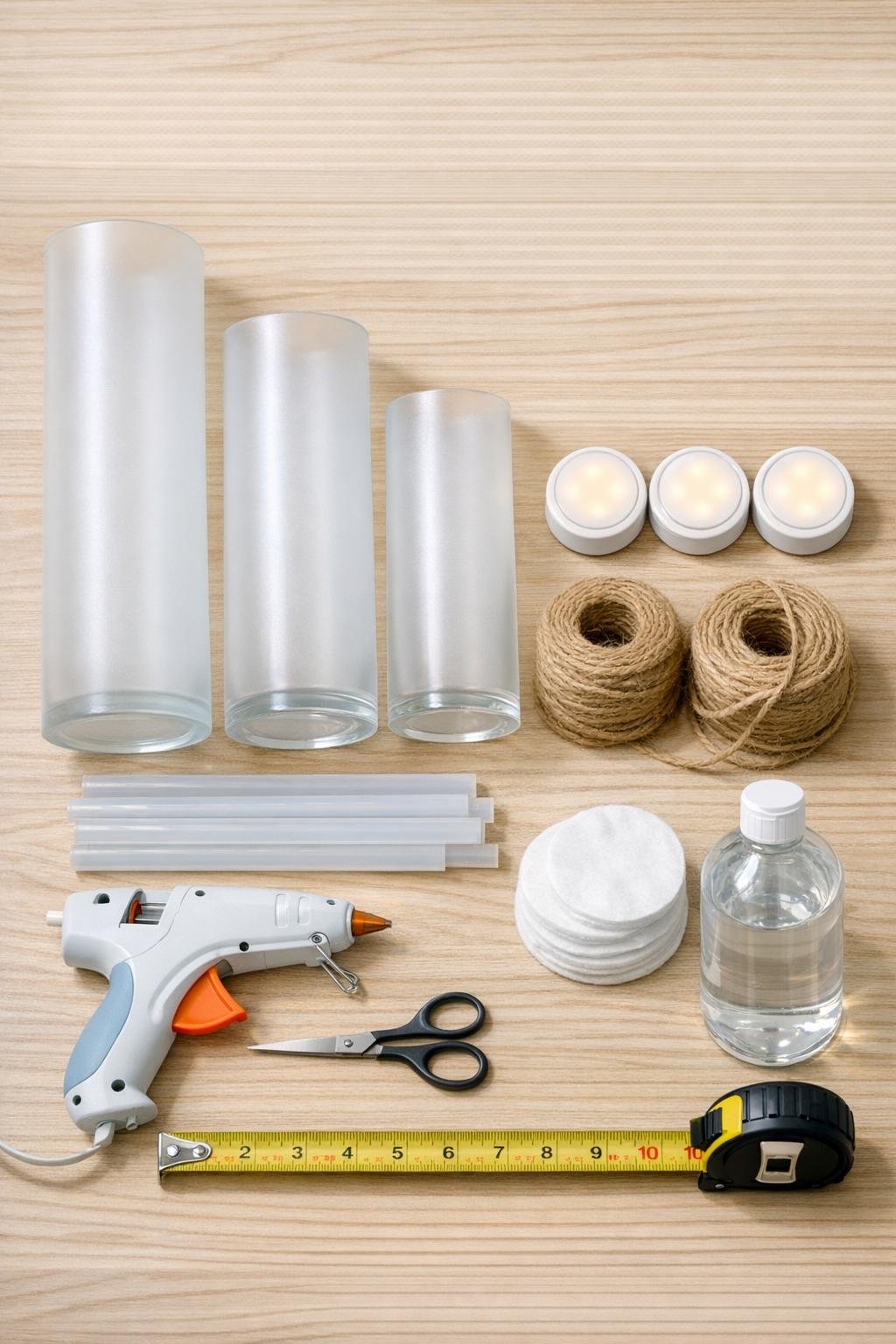 Materials for frosted glass hurricane vase cozy corner lights laid out together
