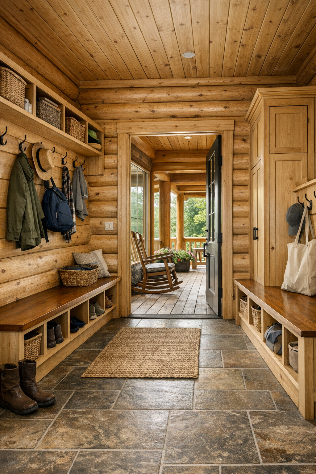 Thoughtful mudroom and porch transition with built-ins in a handcrafted log home