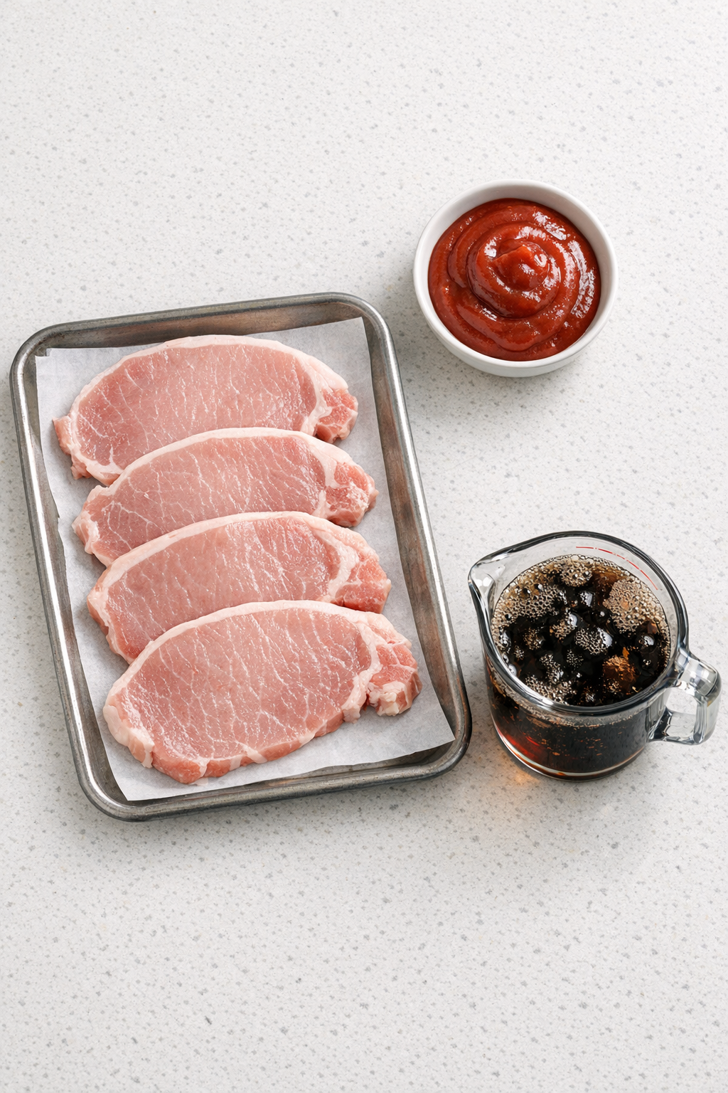 Thin-cut pork chops, ketchup, and cola ingredients