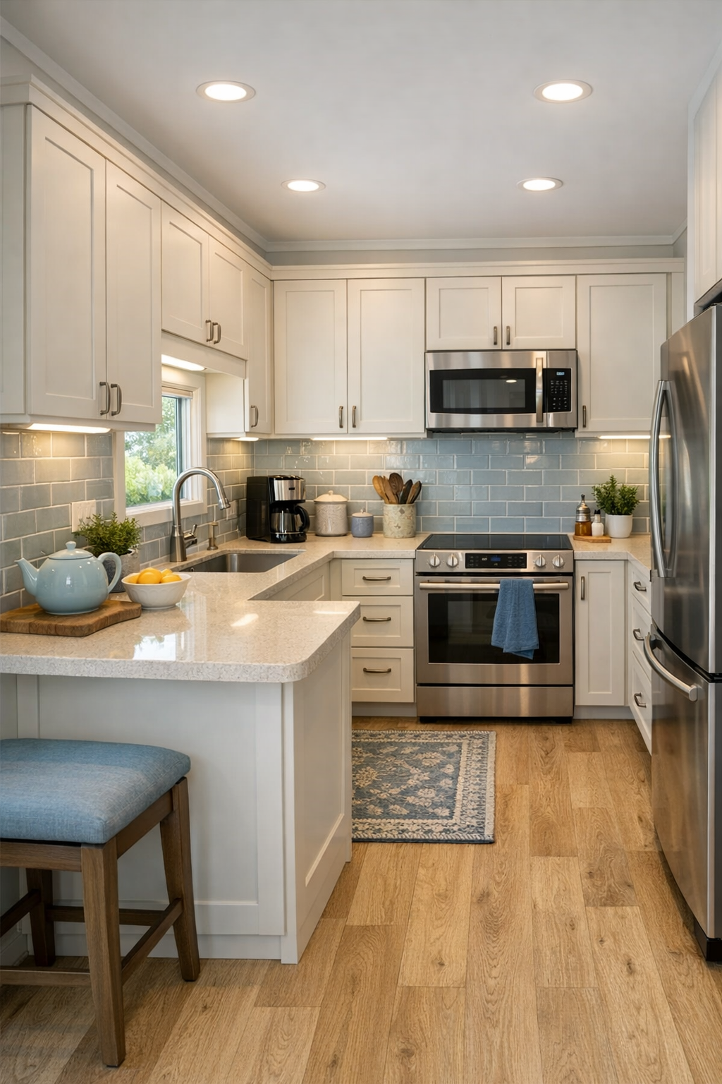 Compact bright kitchen with warm white cabinets, quartz counters, and pale blue details