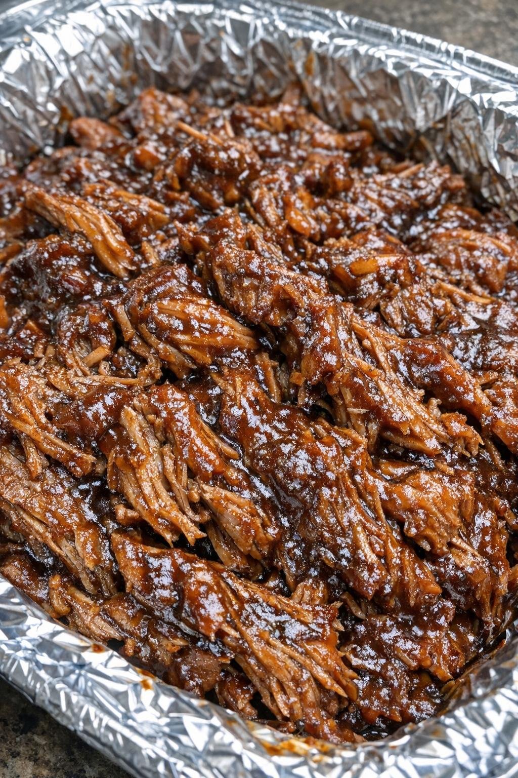 Root beer pulled pork in a foil-lined platter