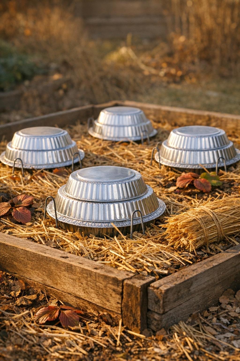 Finished strawberry bed with aluminum pie tin crown covers in place for winter protection