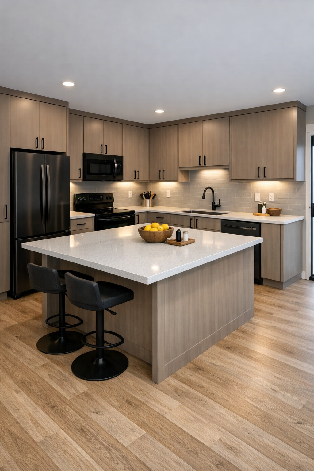 Functional kitchen with warm taupe cabinets, white quartz counters, and an accessible island