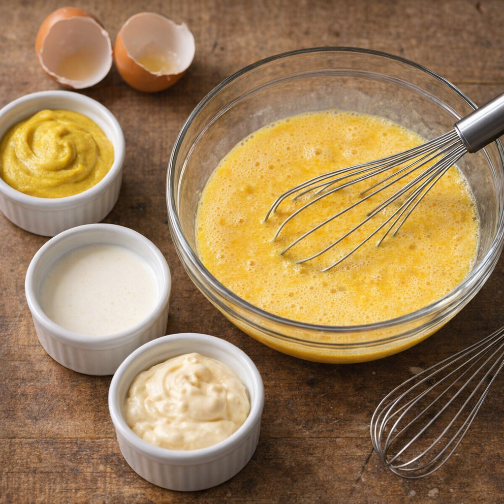 Small bowls of mustard, cream, and mayo beside cracked eggs for comparison