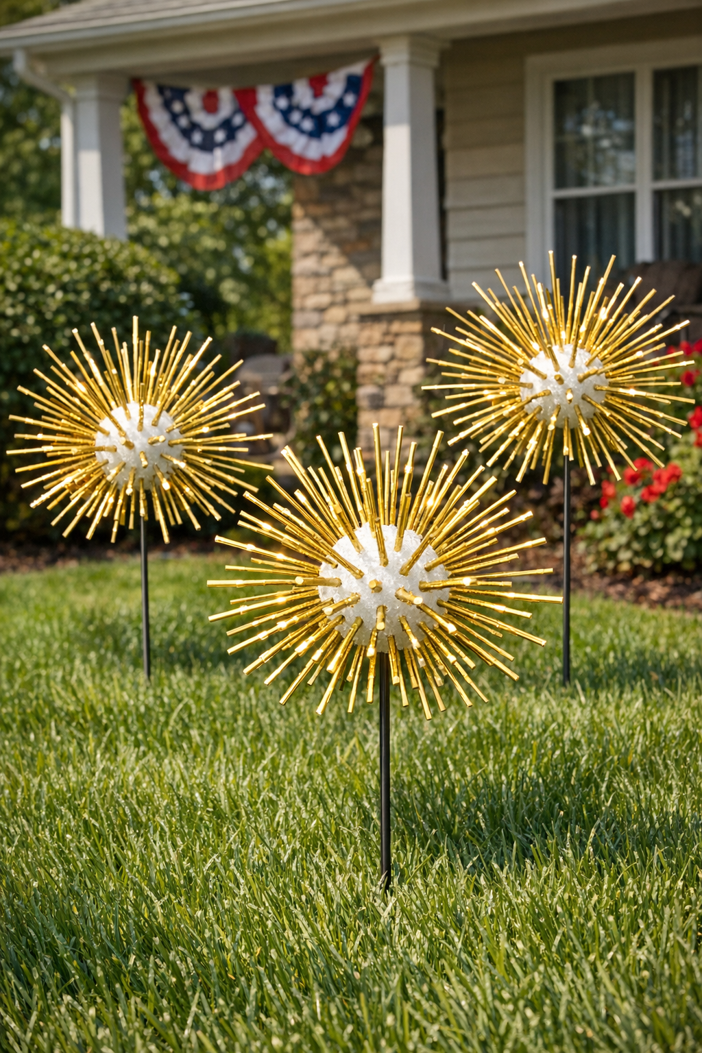 Finished giant gold firework burst yard decorations displayed in a front yard