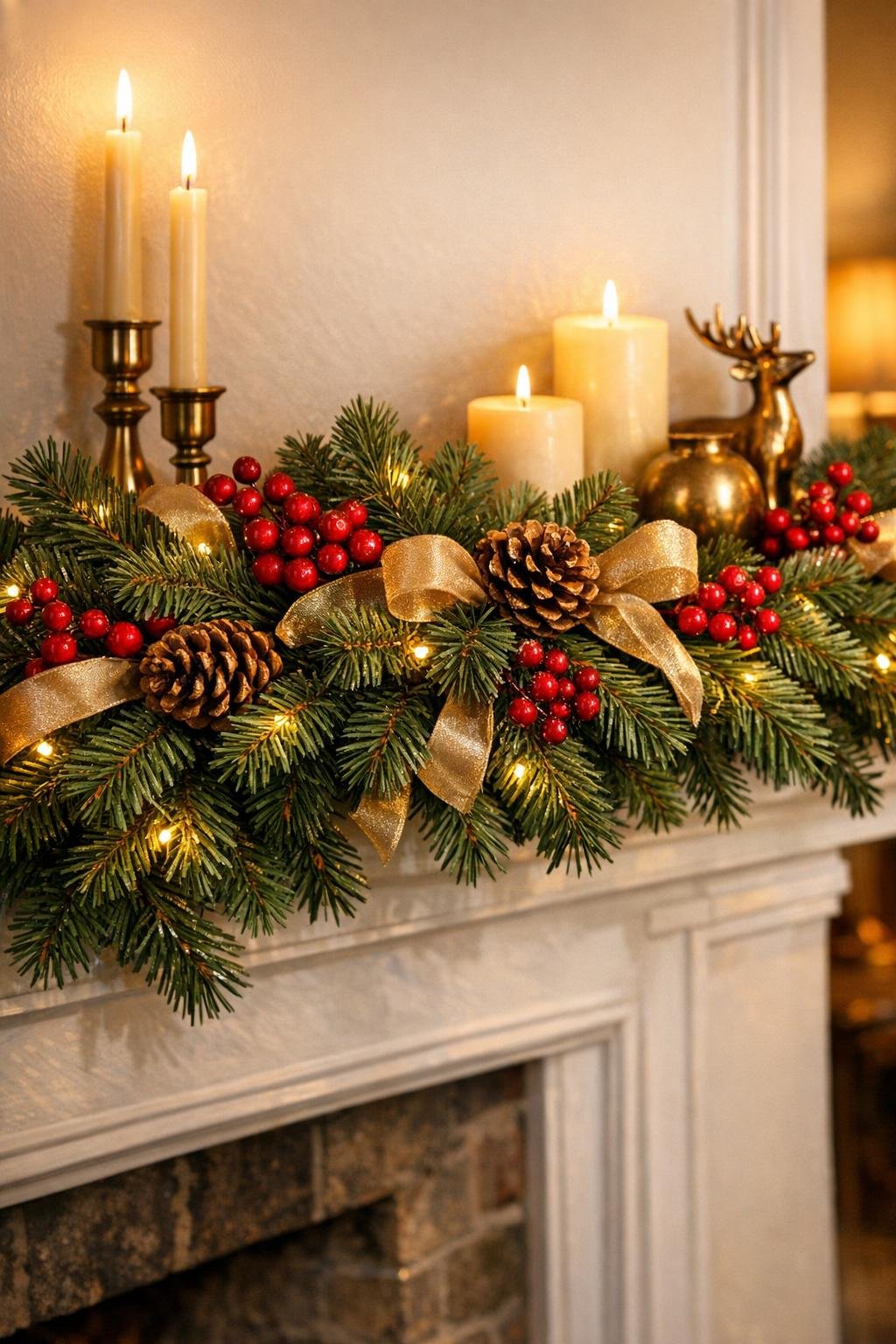 Finished faux branch mantel garland styled on a fireplace mantel