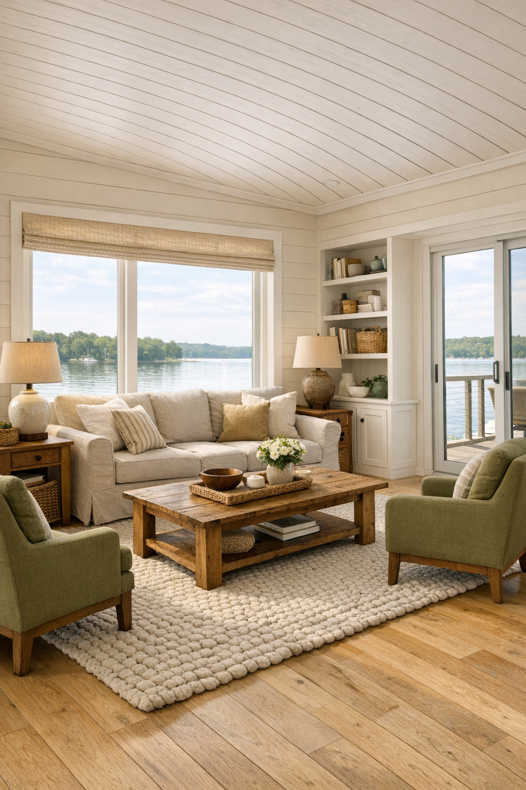 Bright country-style houseboat living room with pale oak floors and soft neutral seating