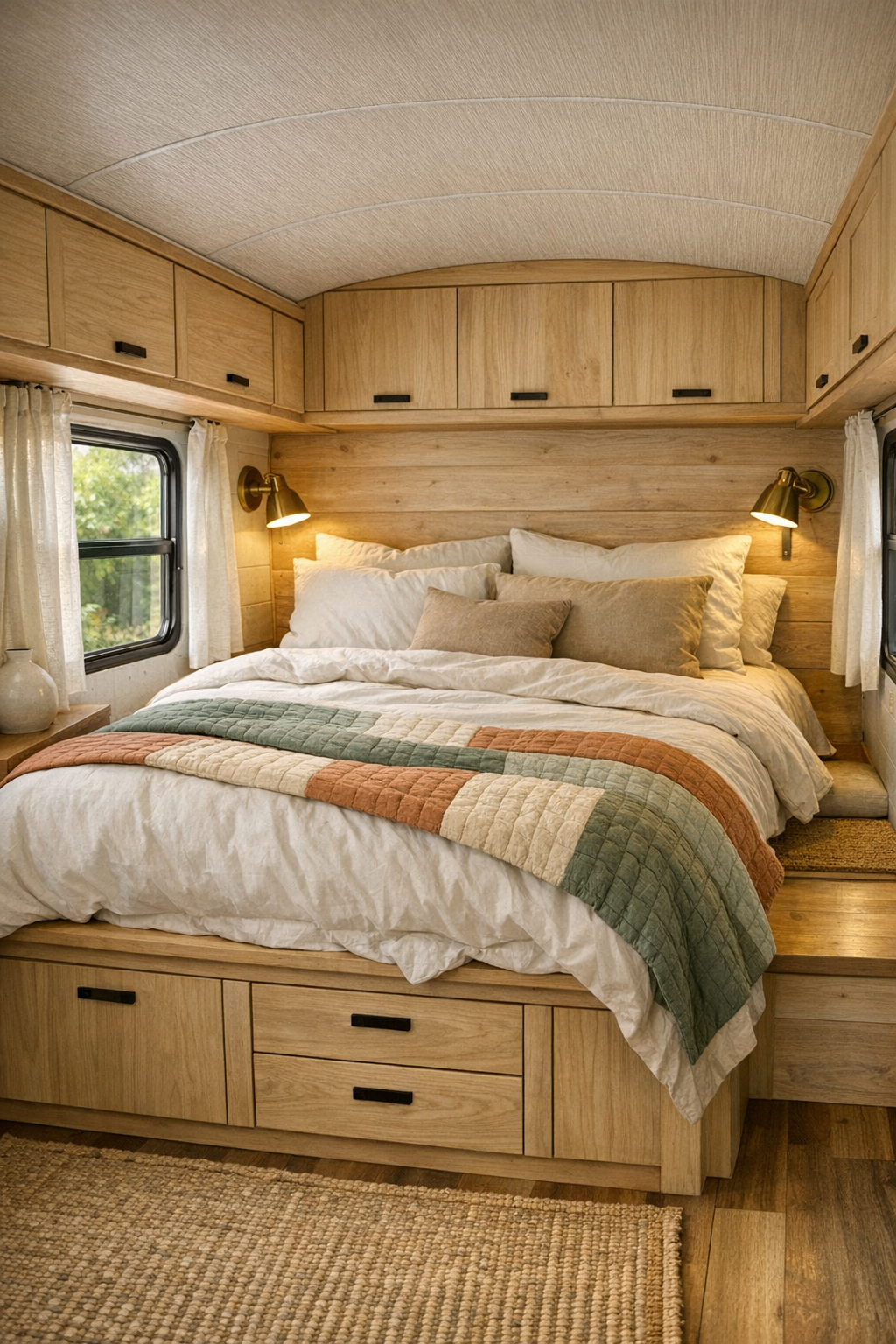 Peaceful converted bus bedroom with a raised bed, soft linens, and built-in wood storage